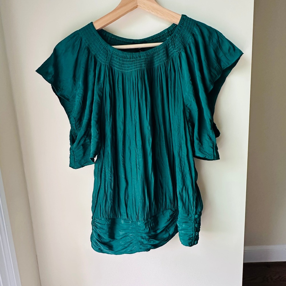 Current Air Anthropologie‎ Emerald Green Smocked Flutter Sleeve Blouse NWT Small
